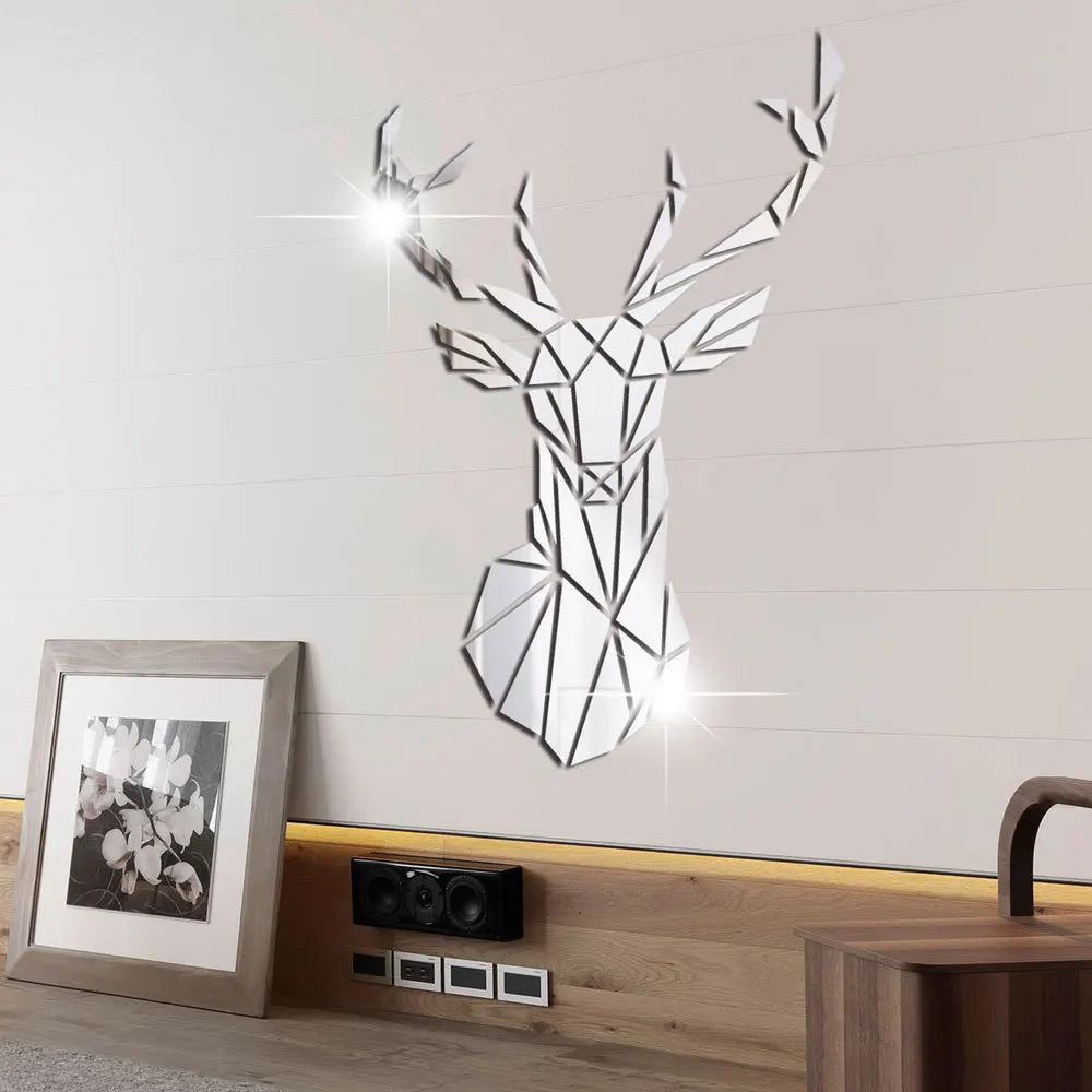 Mirror Wall Sticker 3D Deer Head Mirror Wall Sticker DIY Multiple Sizes Acrylic Mirror Stickers Mural Living Room Bedroom Kids Home Decoration