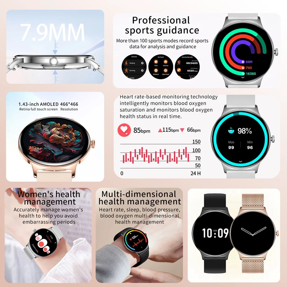 New For HUAWEI Ultra Thin AMOLED Smart Watch Women Health Monitor Skin-friendly Alloy Body Always Display Time BT Calling Clock 2