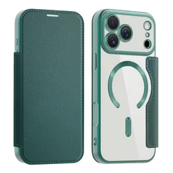 Magnetic Card Holder Case with Transparent Fold Leather Wallet Flip Cover - iPhone 15 Plus (Dark Green)