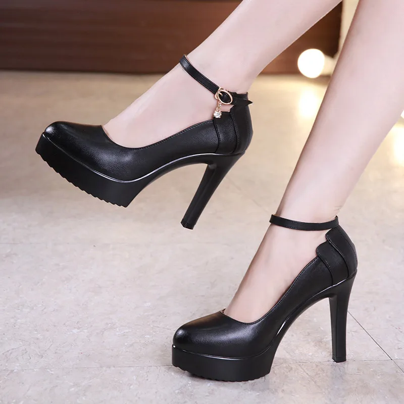 

11cm Small Size 32-43 Sexy Thin High Heels Shoes Women's Pumps 2023 Shallow Fall Soft Leather Black Platform Shoes Dress Model