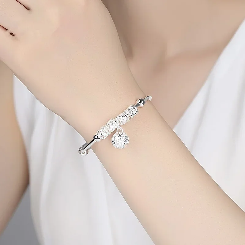 Fashion Women Jewelry Gift Charm Artificial Stone Bangle Cuff Bracelet Ball Bell Pendants Sliver 925 Sterling Silver