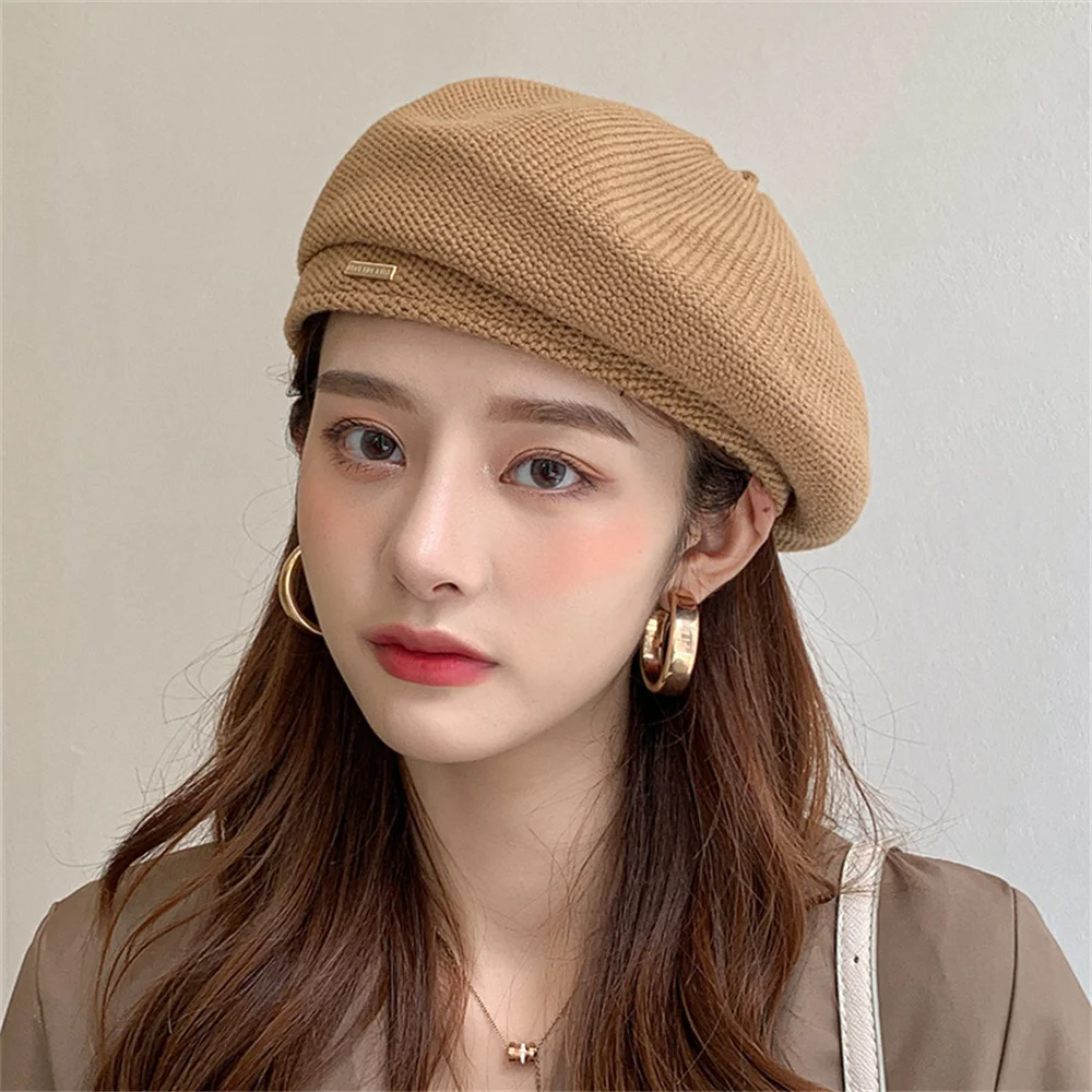 

Autumn and Winter New Casual Versatile Solid Color Wool Knitted Beret Outdoor Warmth Hat Simple Women's Artist Hat