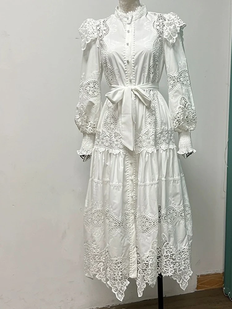 

Женское длинное платье с водорастворимым кружевом, свободное весеннее платье с длинным рукавом и круглым вырезом, 2024
