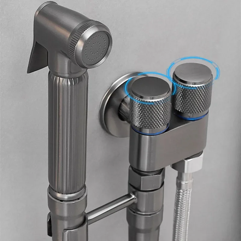 Wall Mounted Toilet Bidet Faucet set Brass Double Use Bidet Bathroom sprayer Gray bidet faucet High Pressure gun gray