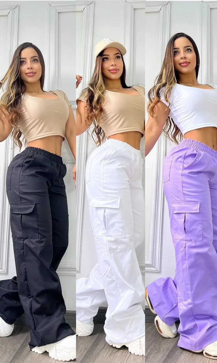 Women Pants Solid Capris Pocket Mid Elastic Waist Full Length Slight Strech Cargo Pants Loose Fit Casual Streetwear 2026 Spring