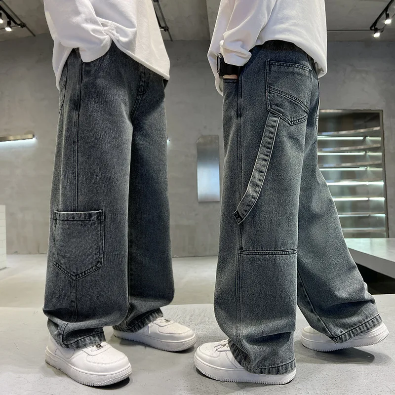 Teenage Boys Cargo Jeans Spring Autumn New Kids Wide Leg Denim Pants for Children Loose Pockets Trousers