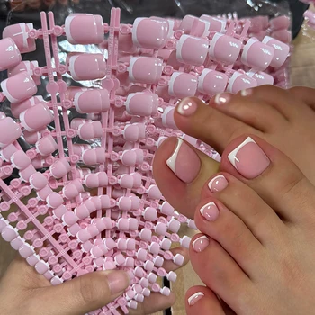 24/120pcs White French Short Square Press On Toenails Nude Pink Glossy Soft Gel False Toe Nails Summer Acrylic Fake Toe NailTips