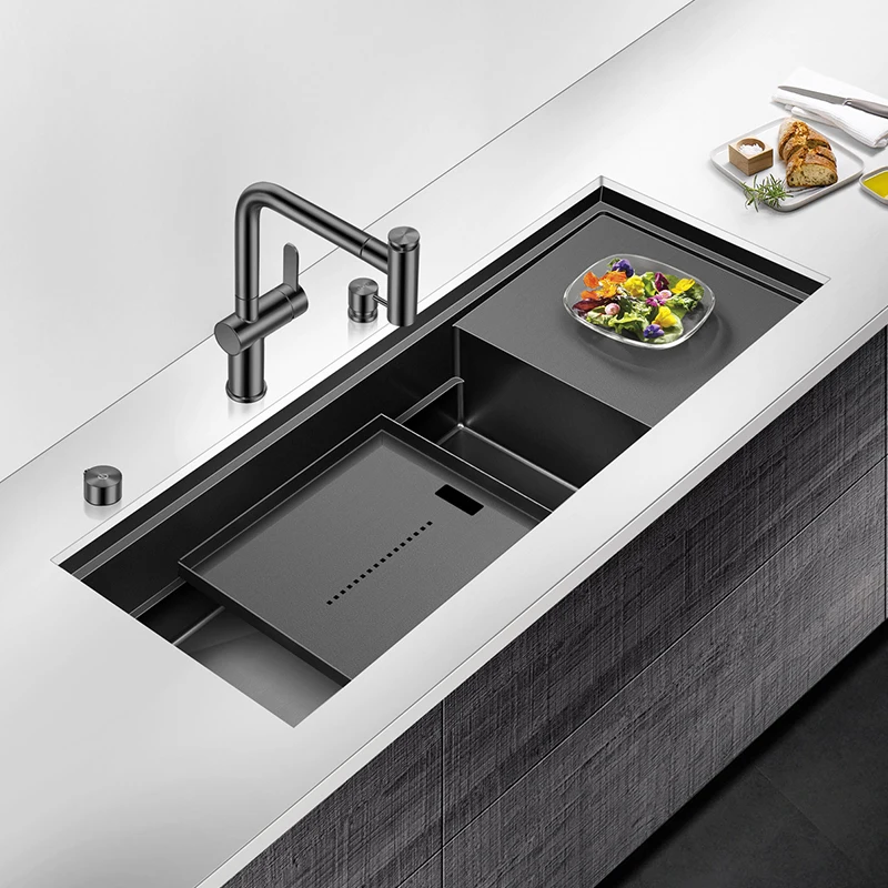 ASRAS Nanometer Black Single Large Size Hidden Kitchen Sink 4mm Thickness Handmade Undermount Installation Hidden Kitchen Sinks