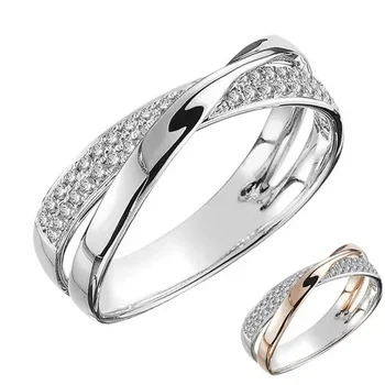 Classic Stainless Steel Two Tone X Shape Cross Ring for Women Wedding Trendy Jewelry Dazzling Zircon Wedding Rings Modern Rings 1