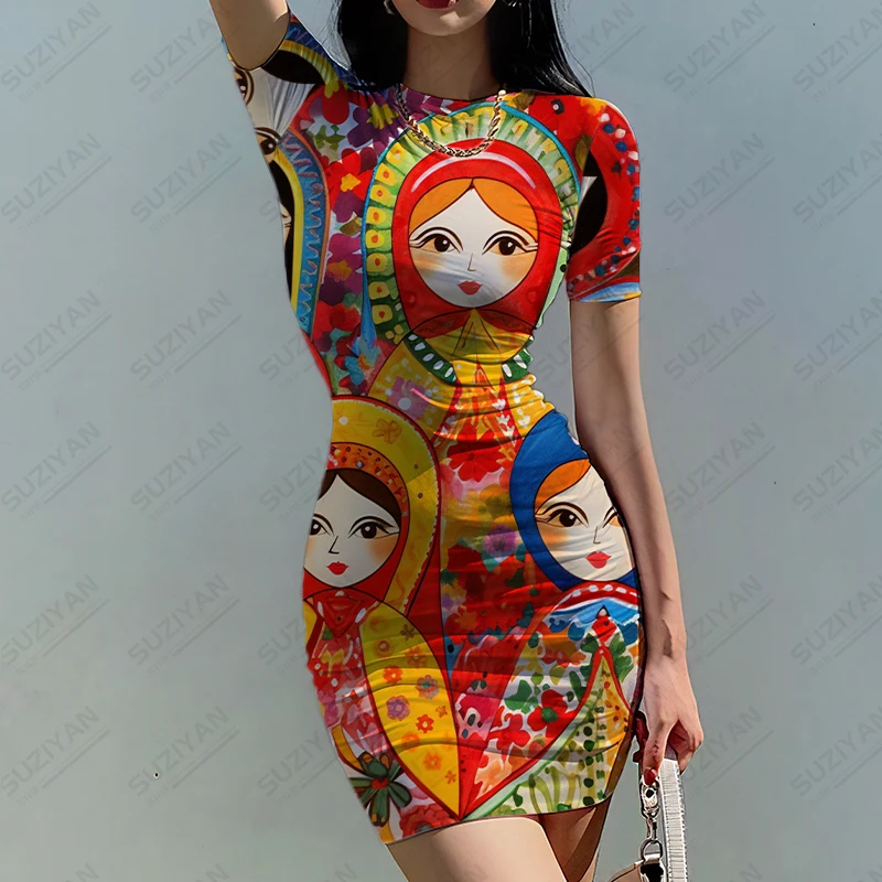 

Russian Set Baby Printed Dress Classic Round Neck Dress Summer Comfortable Short -sleeved Dress Women's Slim Dress