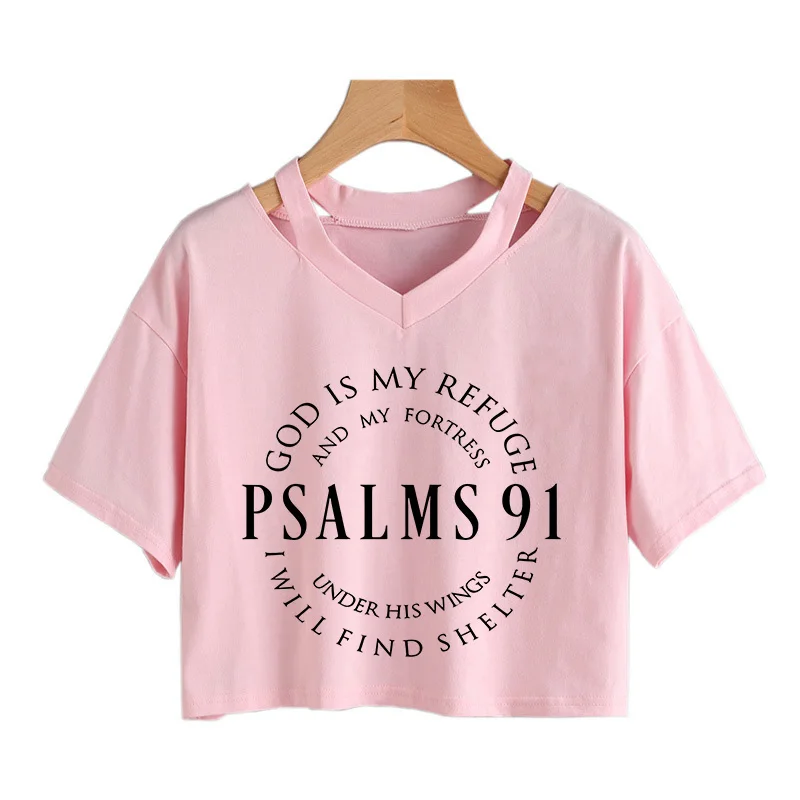 Women's Inspirational Psalms 91 Verse Short Sleeve T-Shirt Sexy Women Croppped T Shirt Graphic Crop Tops Clothes 4