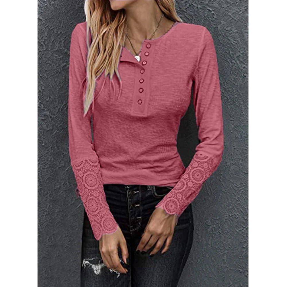 Haute Edition Women's Henley T-Shirt Top with Lace Long Sleeve