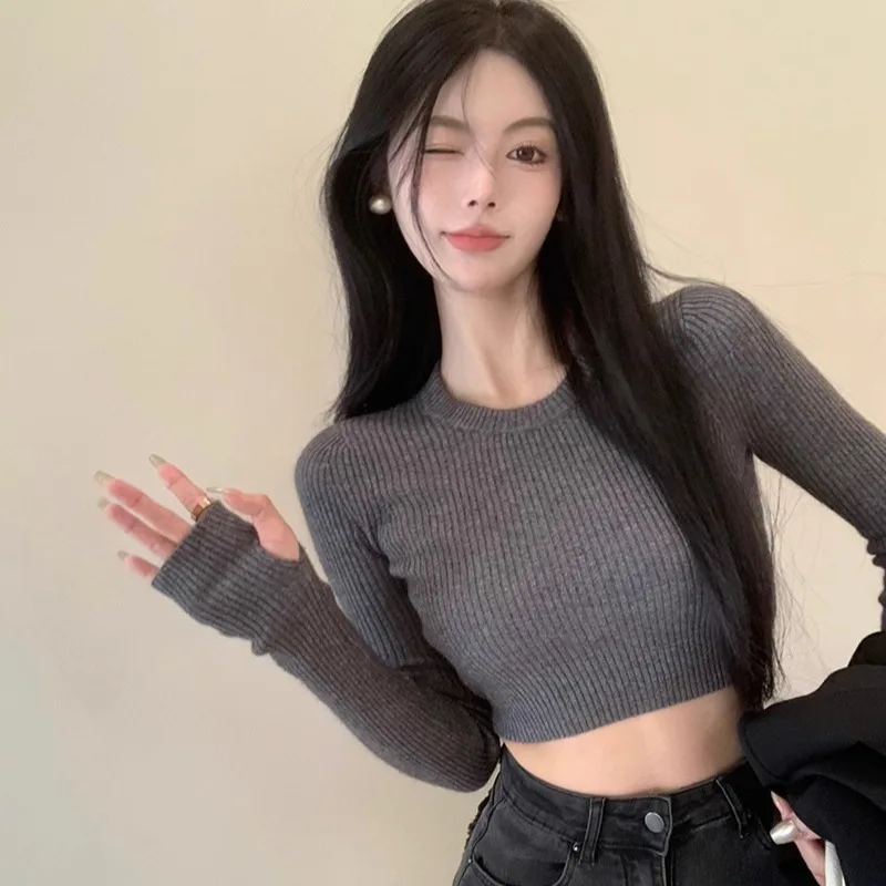 Women Knitted Cropped Sweater Autumn Long Sleeve Pullover
