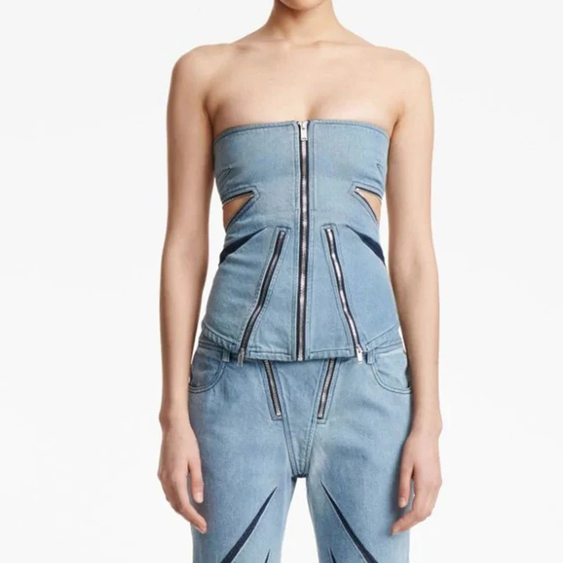 

High End Fashion New Vintage Style Cut Out Denim Corset Tank Top Sexy Sleeveless Straight Neck Top Y2k Clothes Cowboy Wrap Chest