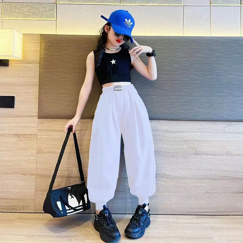 

Summer Girls 2 Pcs Set Baby Crop Top + Pants Kids Suits Children Streetwear Clothes Fashion Crop Strap Wide Leg 3 To 14Yrs