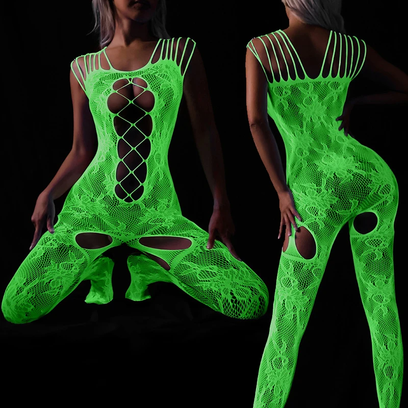 Luminous Teddy Catsuit Glow In The Dark Erotic Lingerie Full Body Stockings Open Crotch Sexy Underwear Fishnet Women Nightwear women underwear sexy lingerie