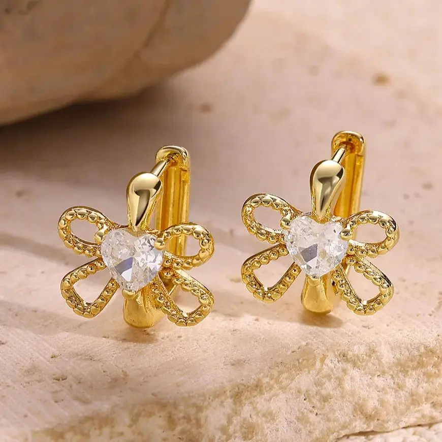 Zircon Bowknot Earrings for Women Gold Color Stainless Steel