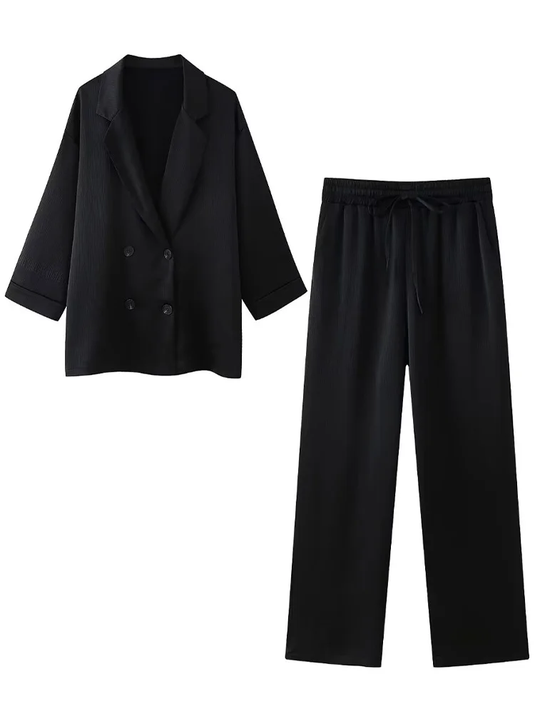 Willshela Women Fashion 2 Piece Set Solid Double Breasted Blazer & Vintage Elastic Waist Trousers Feamle Chic Lady Pants Sets 4