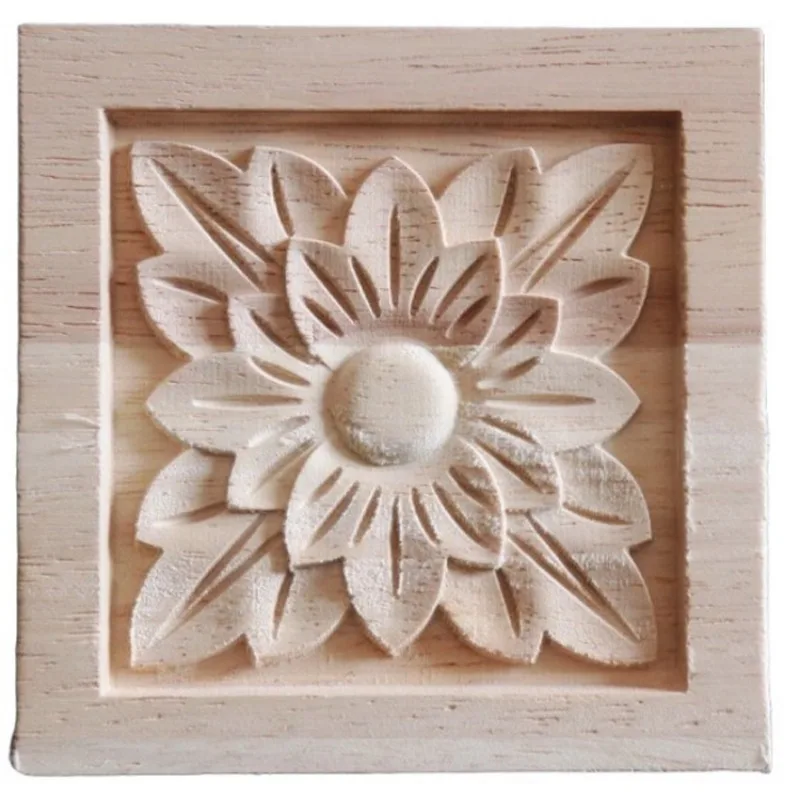 Flower Wooden Carving Natural Wood Appliques for Furniture Cabinet Unpainted Wooden Mouldings Decal Decorative Figurines