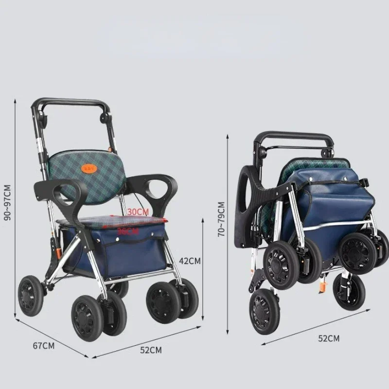 Large Capacity Aluminum Folding Mobility Scooter, Elderly Grocery Cart, Hands-Free Push, Sit and Push Shopping Trolley 6