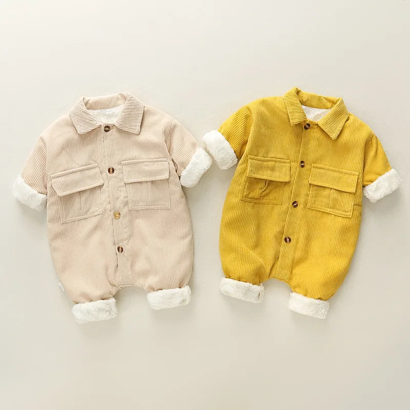 

New Baby Rompers Corduroy Jumpsuits Fur Lining Girls Boys Clothes Fleece Warm Infant Outerwear Clothing