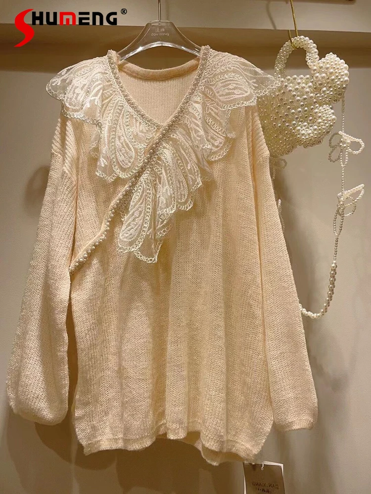 

Sweet Women's Autumn Beaded V-neck Knitwear 2023 Autumn New Loose Lace Stitching Long Sleeve Pullover Knitted Sweater for Women