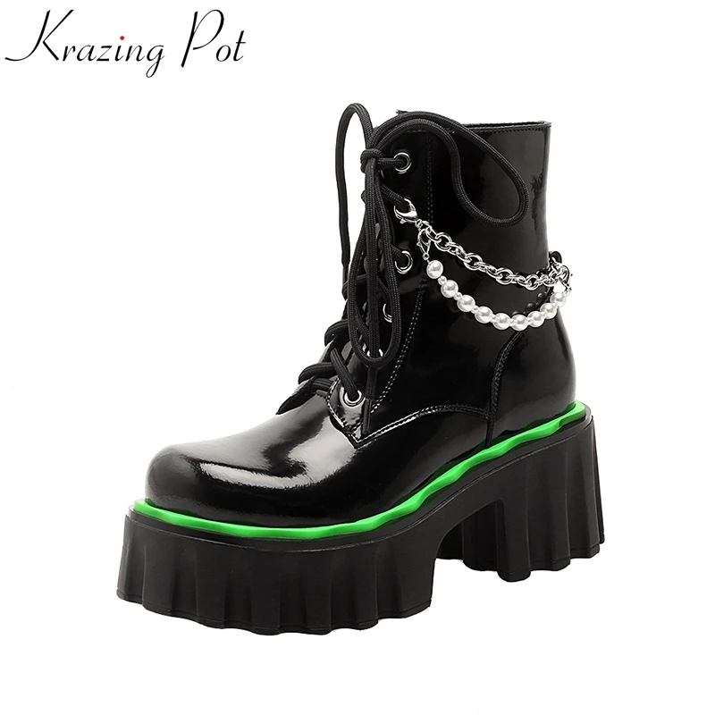 

Krazing Pot superstar Cow Leather thick bottom chain Chelsea western Boots High Heels Winter Platform casual zipper Ankle Boots