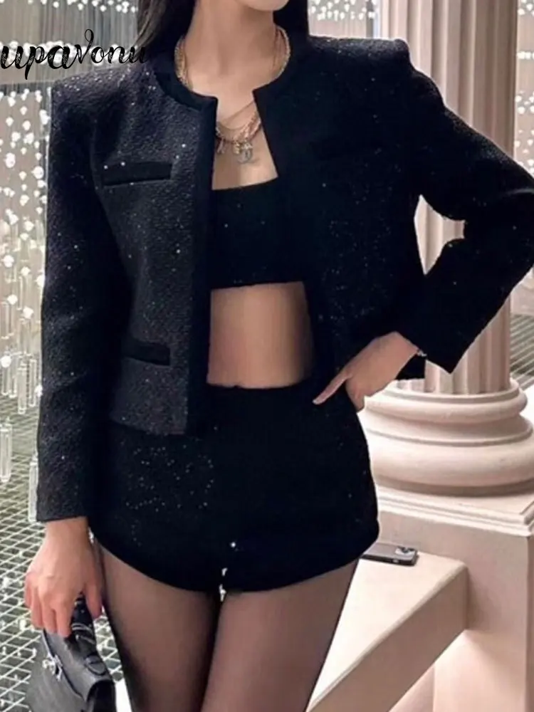 

Women's Small Fragrant Shorts Set Fashion O-neck Long Sleeve Single breasted Slim Fit Tweed Coat+Spicy Girl Short Two Piece Set