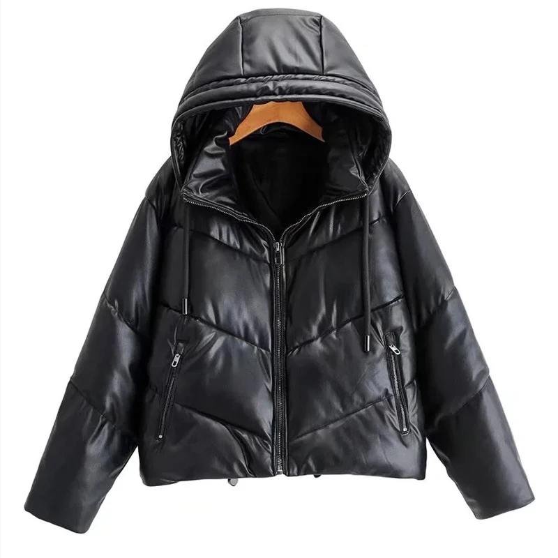 

Winter women hooded coat vintage black fuax leather jackets female padded winter coat korean female outwear