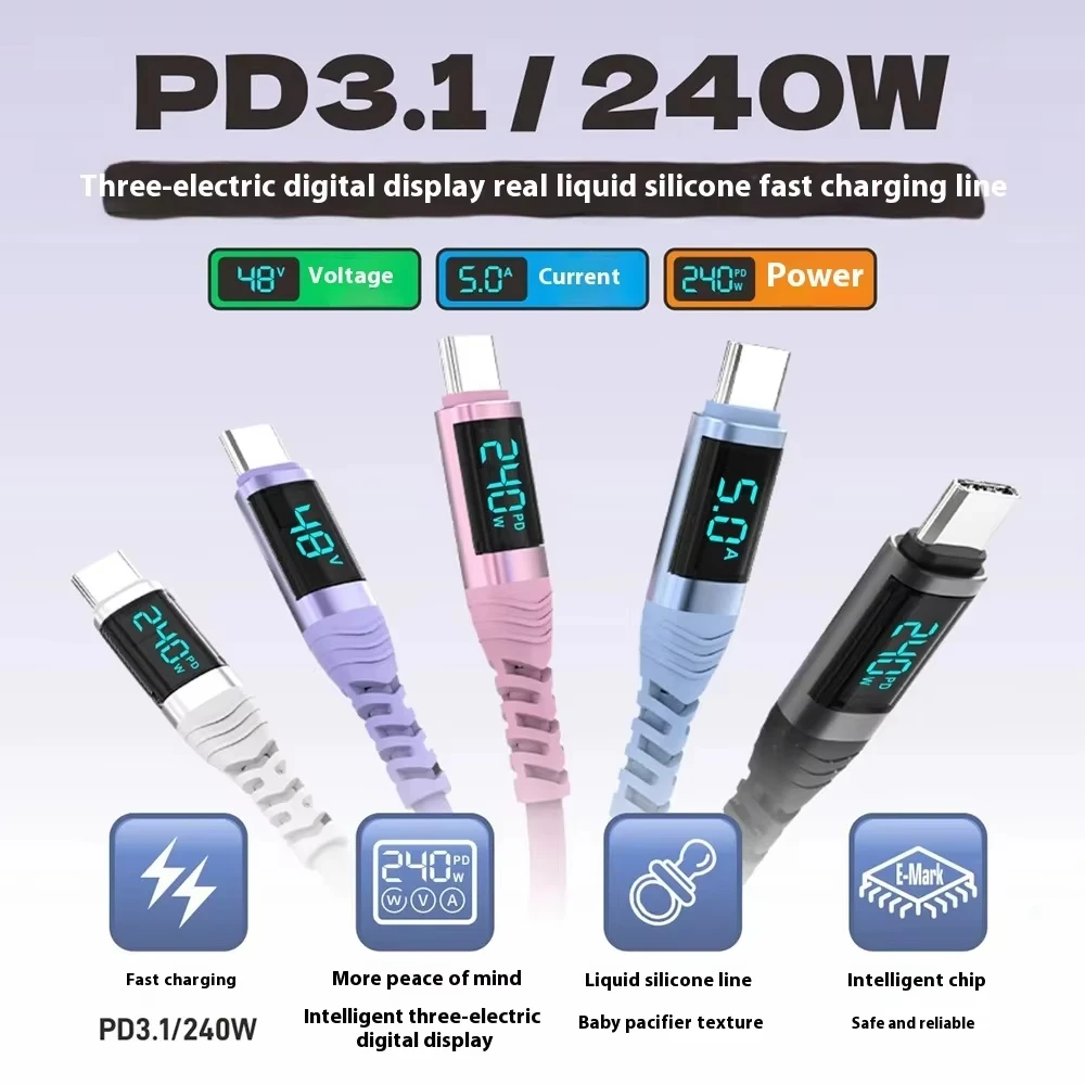 High-Speed Silicone USB-C to USB-C Charging Cable with Digital Display