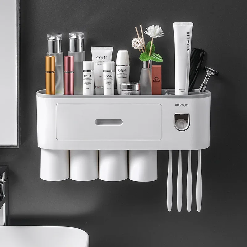 

Magnetic Adsorption Inverted Toothbrush Holder Wall -Automatic Toothpaste Squeezer Storage Rack Bathroom Accessories