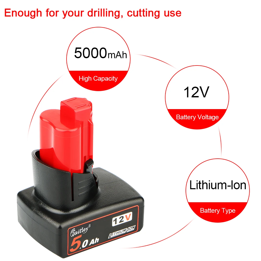 Waitley 12V 5.0Ah Li ion Battery for Milwaukee 12 Volt XC M12 48 11 2410 Lithium ion Battery 48 11 2420 48 11 2411 48 11 2402