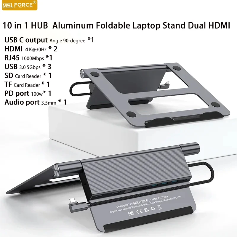 Aluminum laptop stand with USB-C Docking Station Dual HDMI splitter Monitors for macbook huawei xiaom Tablet holder folding Desk