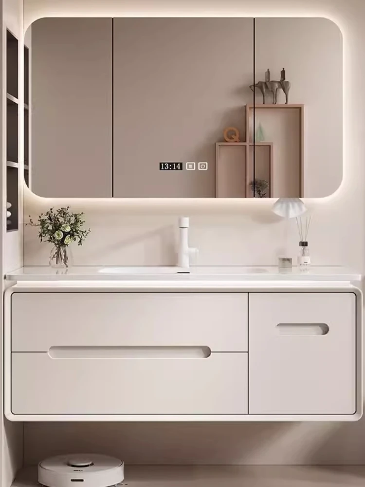 Cream Wind Light Luxury Oak Integrated Ceramic Basin Bathroom Cabinet Combination Bathroom Wash Table Washbasin