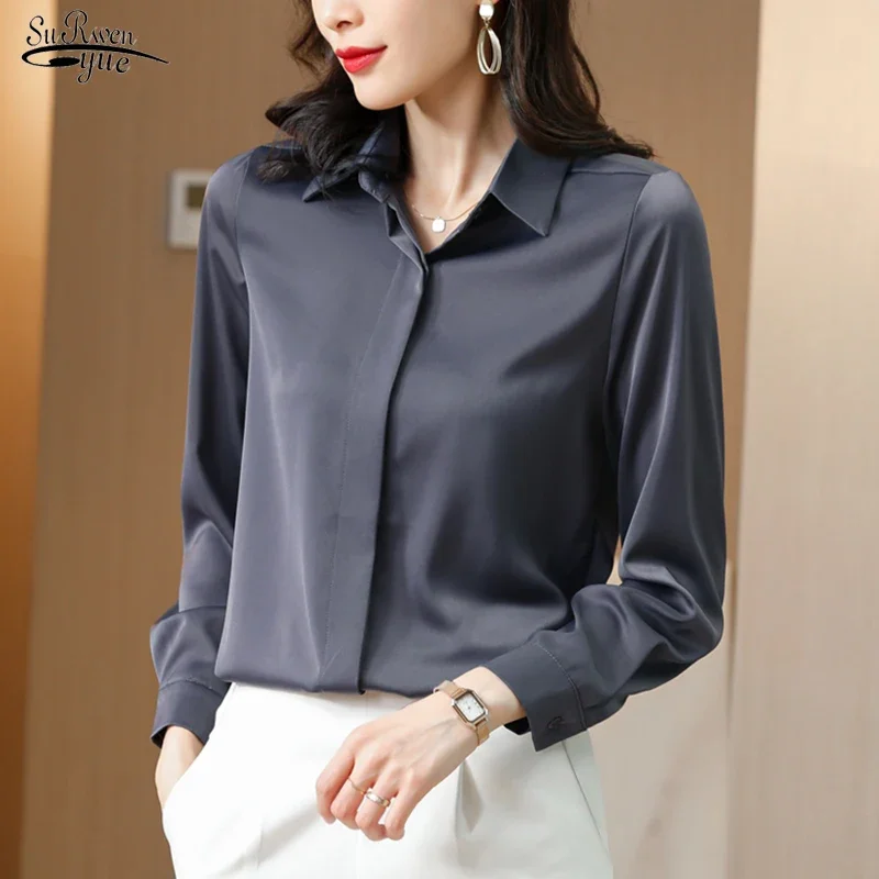 

New Spring Turn-down Collar Satin Loose Sihrts Blouses Casual Women Silk Blouse Shirt Solid Office Loose Ladies Tops 12793