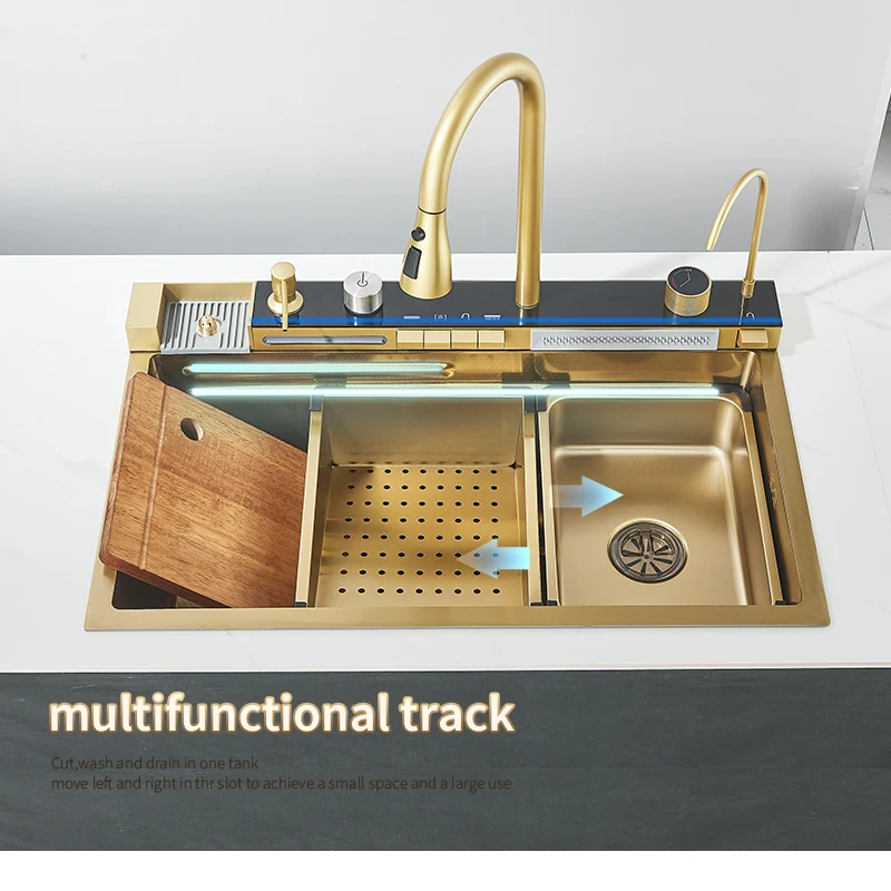 Golden Smart Digital Display Integrated Kitchen Sink Set Temperature Control Waterfall Water Purifier Soap Dispenser Cup Washer