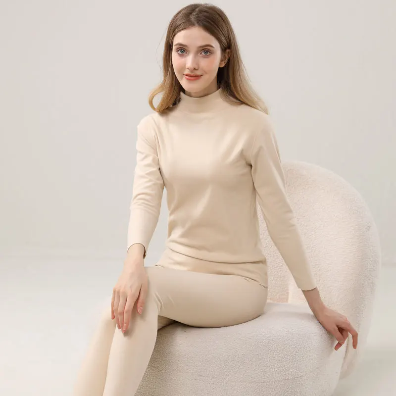 Super Warm Dralon Thermal Underwear set for Women Fleeced Thicken Solid Long Johns Sets Middle-neck Underwear Set for FW25