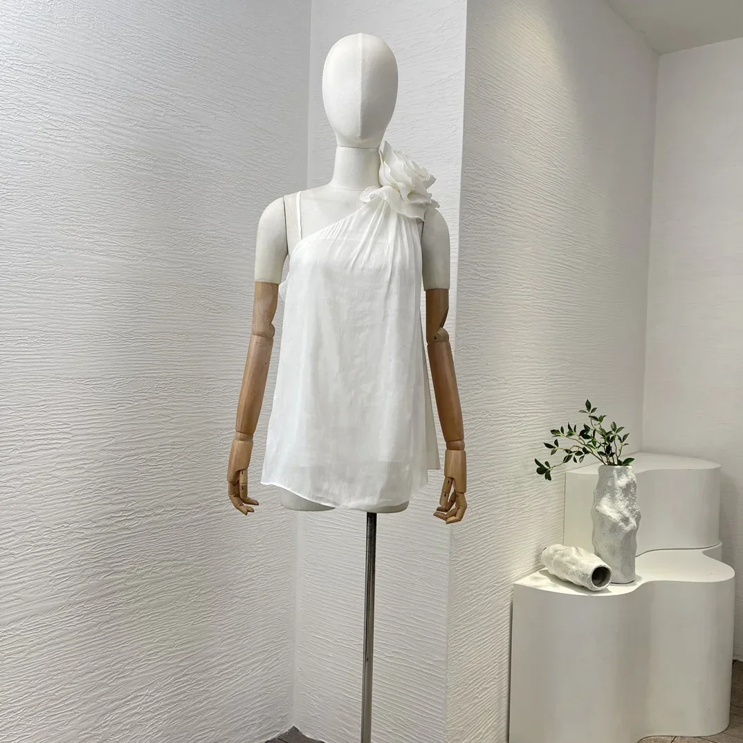 Silk Linen High Quality 2024 White Flowers Blooming One Shoulder Women Blouse Tops intimate white flowers