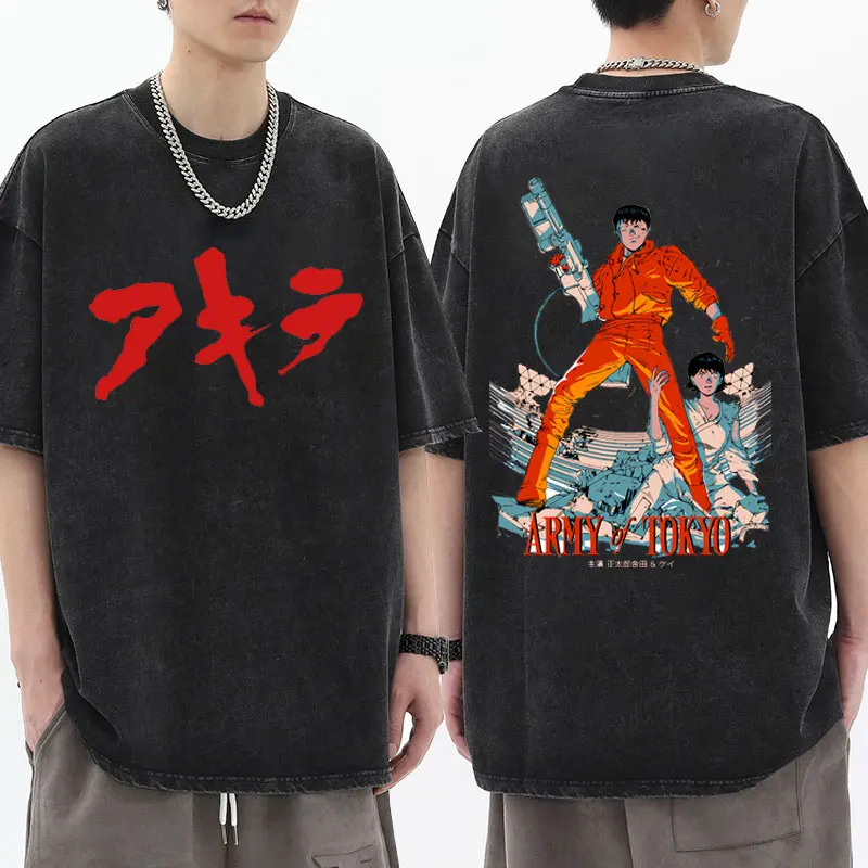 

Anime Akira Science Fiction Graphics T Shirt Movie Cartoon Shotaro Kaneda Double Sided Print T-shirts Men Manga Washed Tees Tops
