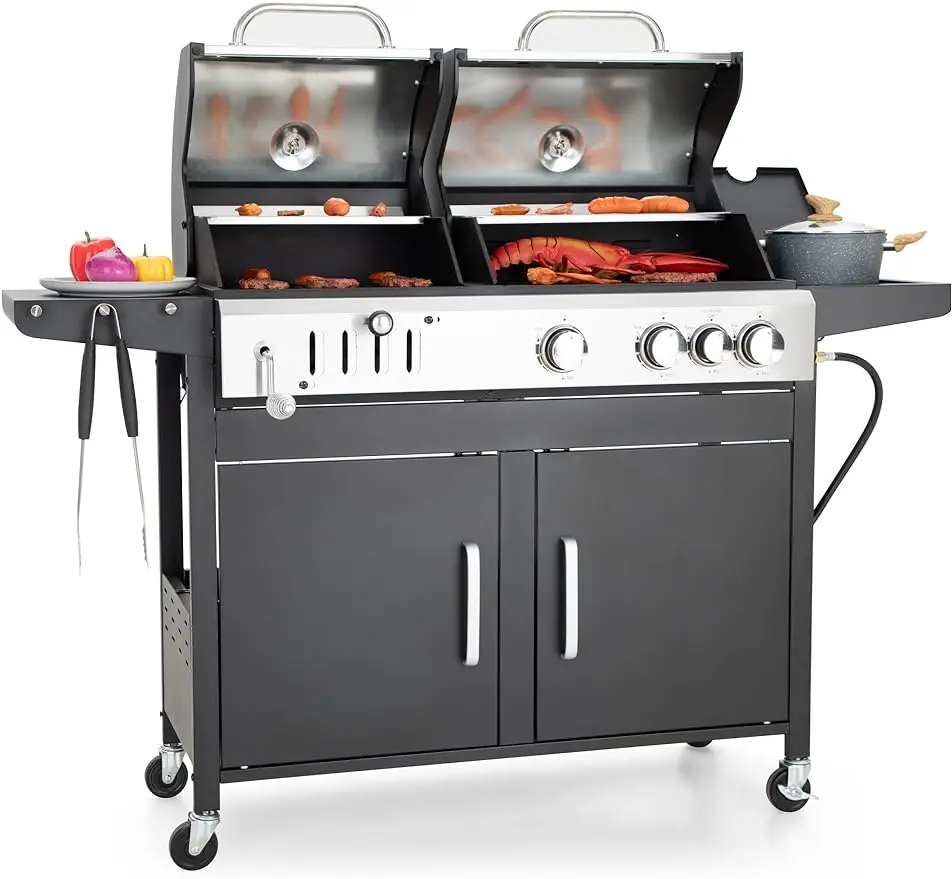

Captiva Designs Propane Gas Grill and Charcoal Grill Combo with Side Burner & Porcelain-Enameled Cast Iron Grate, Dual Fuel BBQ