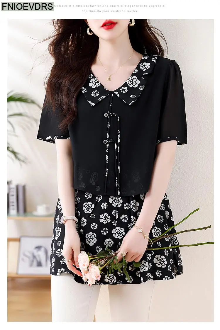 L-5XL Loose Clothes 2024 Women Summer Short Sleeve Elegant Ruffles Shirts Casual Retro Floral Tunic Peplum Tops And Blouses
