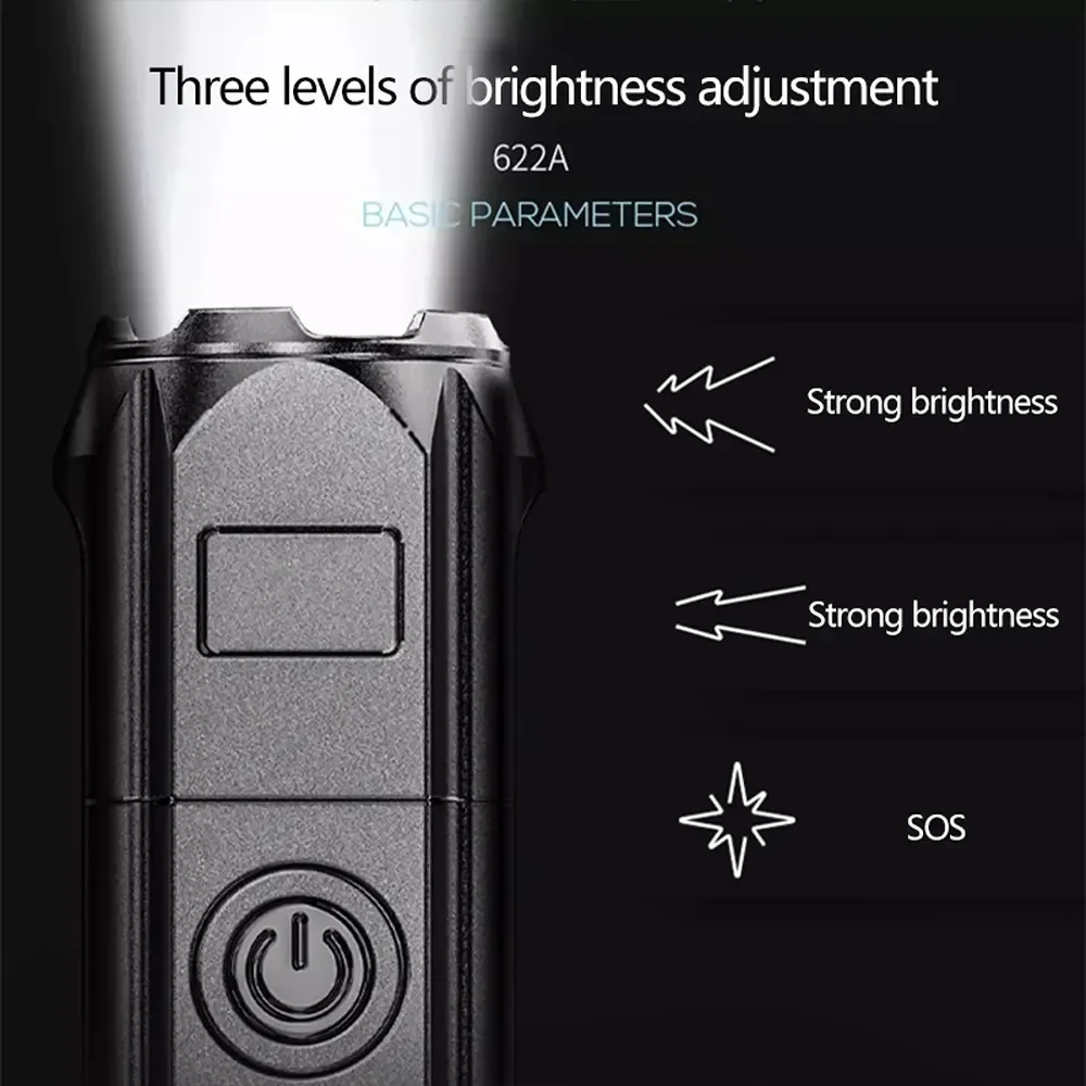 Handheld Flashlight Portable LED Flashlight ABS Strong Light Focusing USB Rechargeable Outdoor Home Searchlight Waterproof