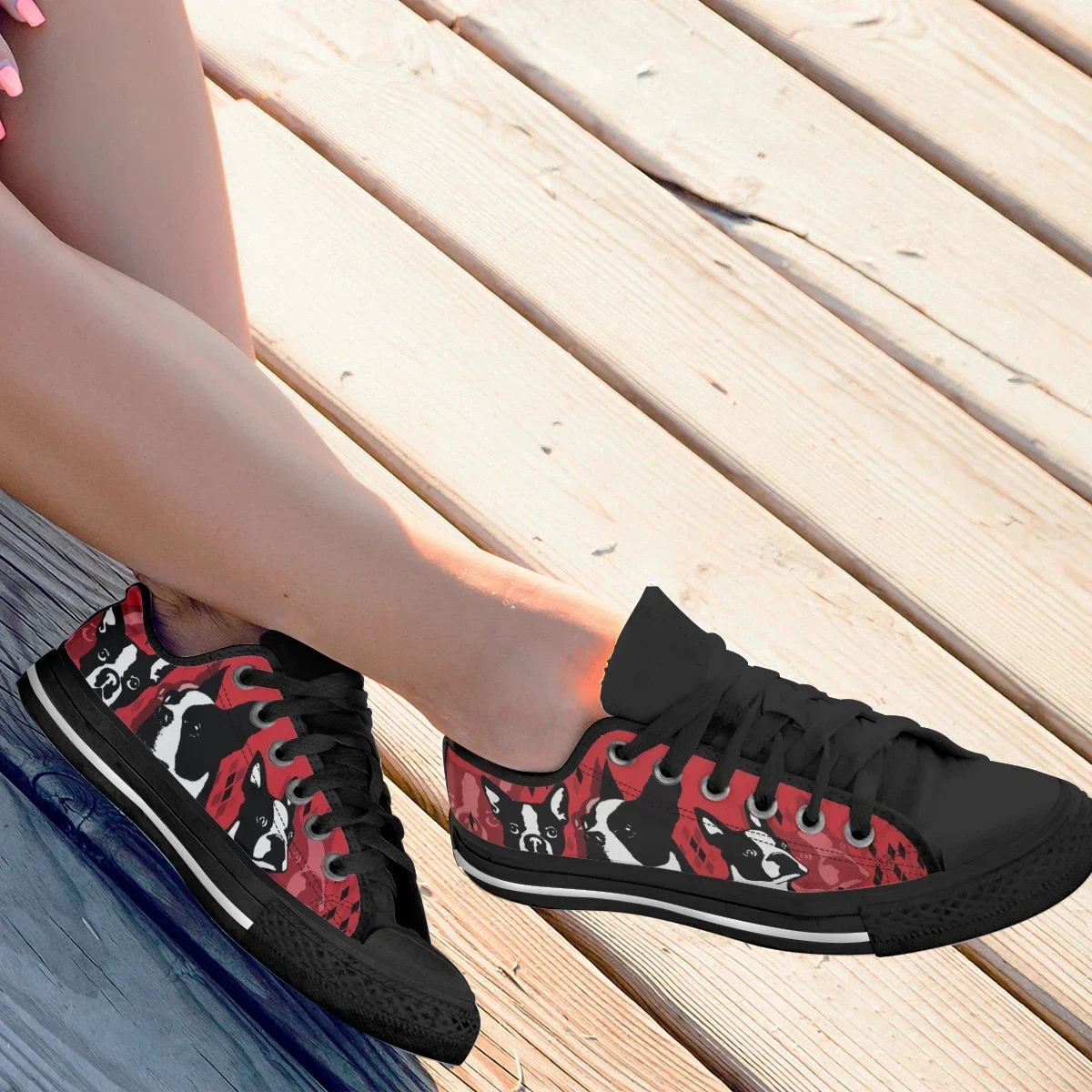 Red Boston Terrier Print Shoes Women's Autumn Sport Casual Shoes Lace-up Flats Plus Size 45 Comfort Vulcanized Shoes