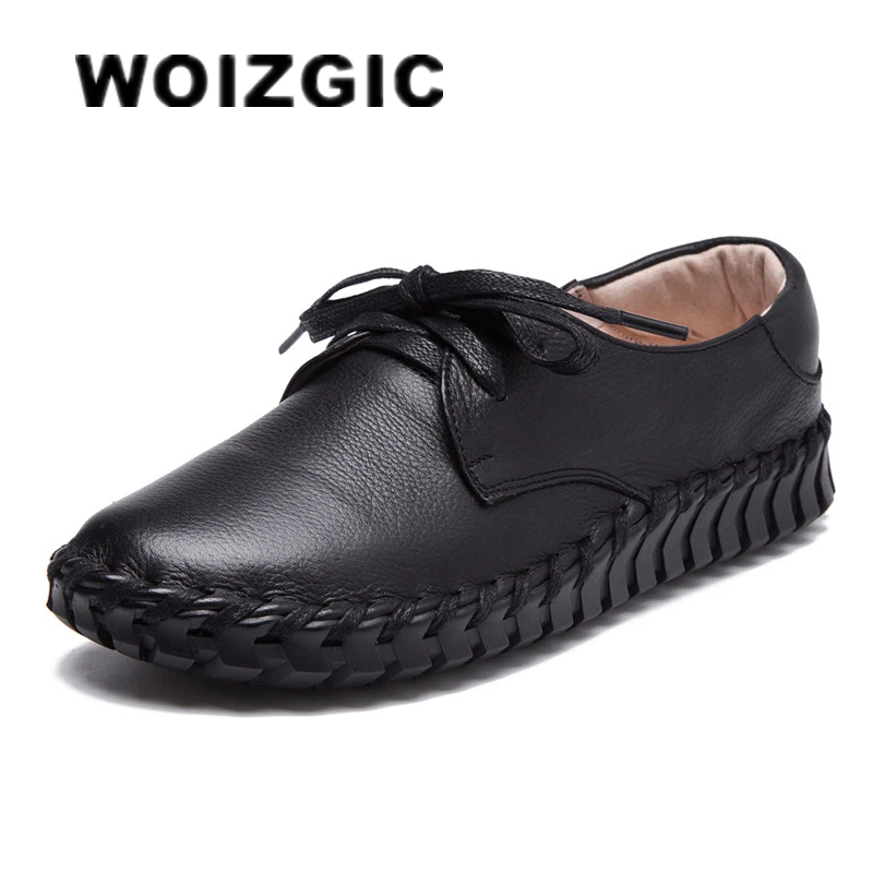 

WOIZGIC Women Shoes Female Mother Old Flats Loafers Lace Up Cow Genuine Leather Pigskin Round Toe Casual 35-41 ASN-1603