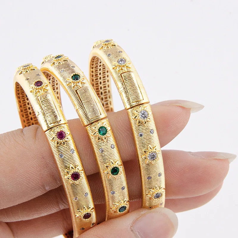 14 18k Real Gold Plated Metal Emerald Ruby Sapphire CZ Zircon Cuff Bangle Women Gift Luxury Designer Italy Egypt Vintage Jewelry