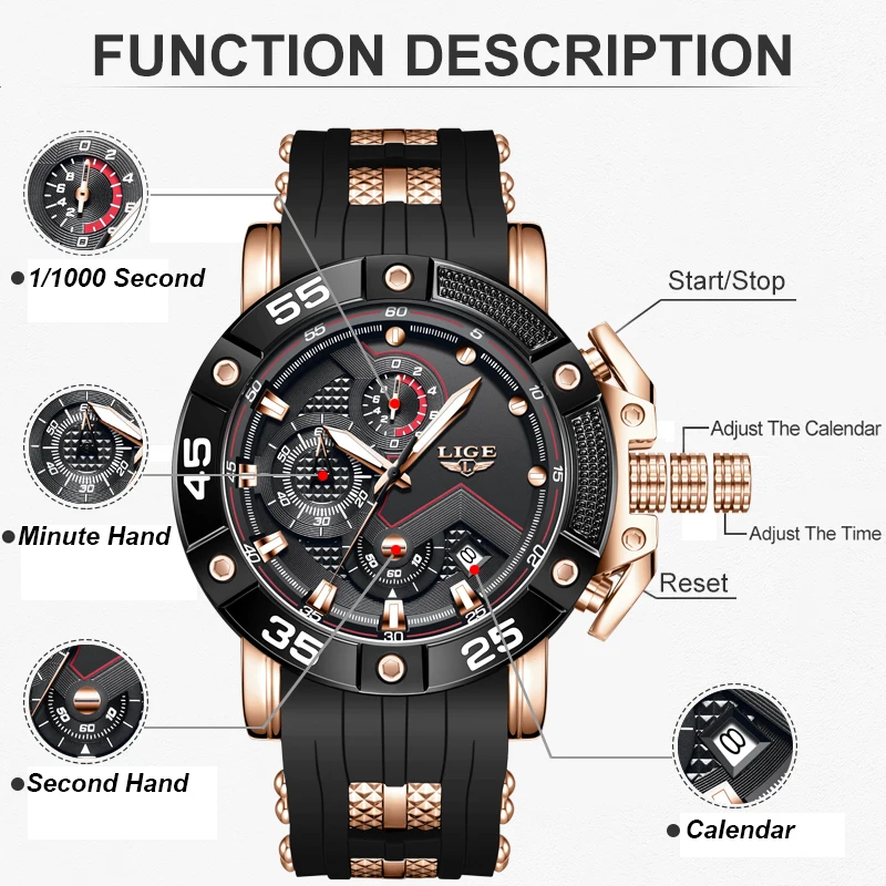 LIGE New Men's Quartz Wristwatch Fashion Silicone Sports Military Watches For Men Original Brand Luxury Waterproof Chronograph
