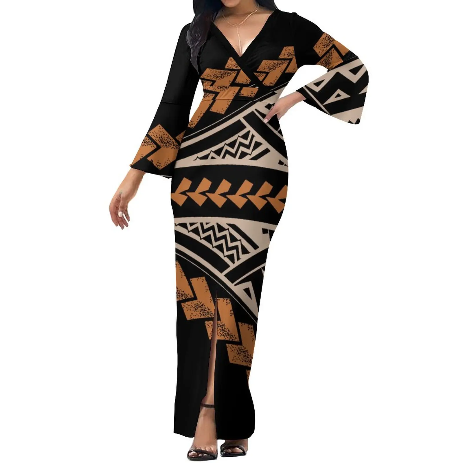 

Женское платье с V-образным вырезом и длинным рукавом