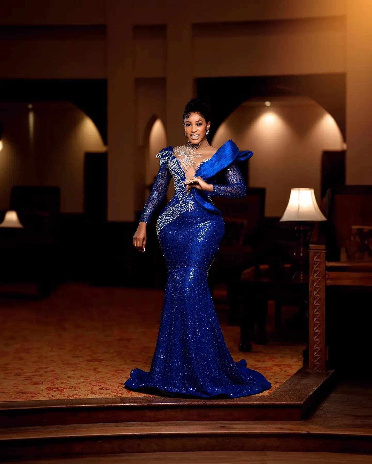 Customized Royal Blue Mermaid Aso Ebi Prom Dresses Beaded Sequins