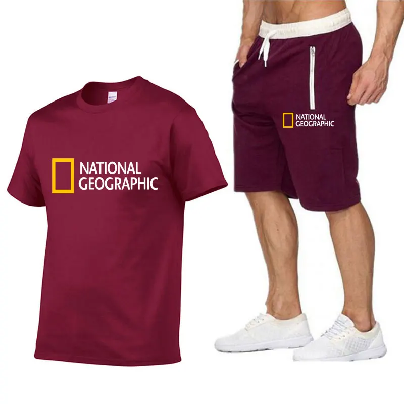 men's outfit sets National Geographic Indication Two Piece Suit Men's Cotton Short Sleeve T-shirt + Shorts  Man Casual Sports Wear Fitness Wear mens set Men's Sets