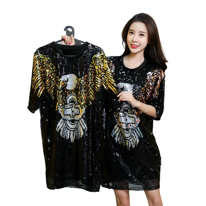 

Женская летняя футболка большого размера с бисером, свободное Сетчатое блестящее платье в стиле хип-хоп с короткими рукавами и изображением Орлиных крыльев